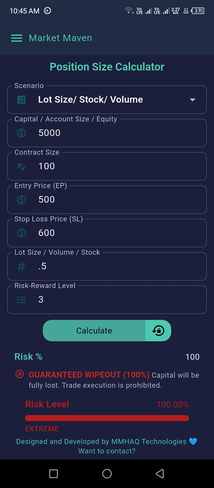 Position Size Calculation Warning (dark Theme)